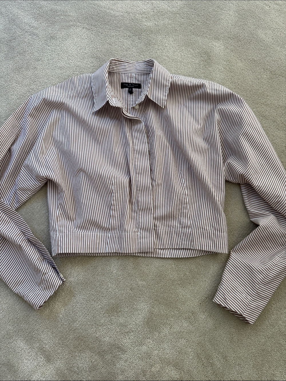 rag & bone White and Brown Striped Cropped Button-Up Shirt
